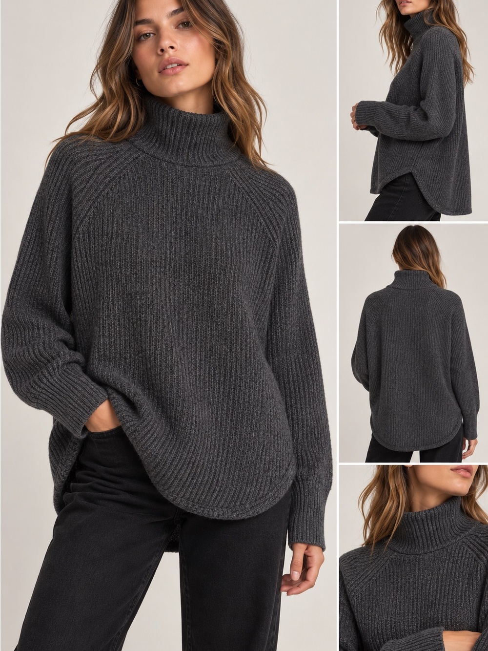 Marella Monochrome Charcoal Gray Ribbed Turtleneck Sweater